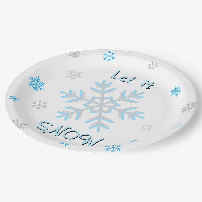 Assiettes En Carton Blue Silver Gray Snowflakes Let it Snow (Angle)