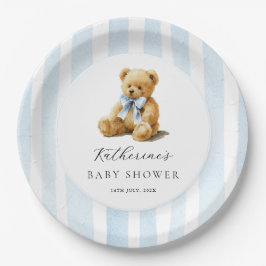 Assiettes En Carton Blue Stripes Bear Baby Shower 