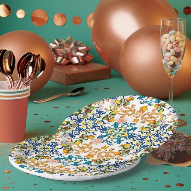 Assiettes En Carton Blue Tiles Mediterranean Pattern (Multi)