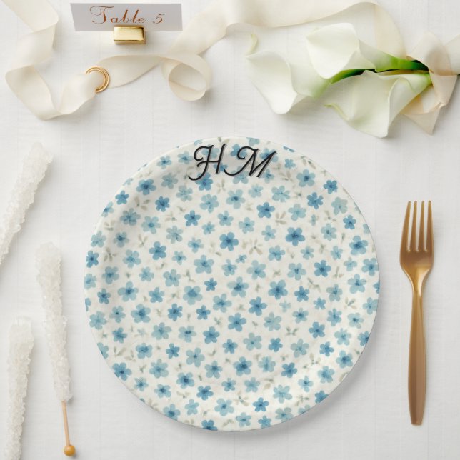 Assiettes En Carton Blue Tiny Flower Simple -Customize  (Mariage)