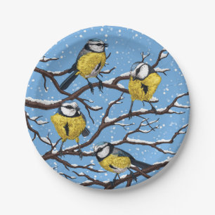Assiettes En Carton Blue tit birds en hiver
