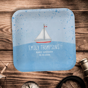 Assiettes En Carton Blue Watercolor Baby shower de voilier Custom