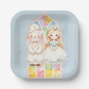 Assiettes En Carton Blue Watercolor Girl 1st. Communion