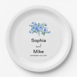 Assiettes En Carton Blue Watercolour Floral and Butterflies Wedding