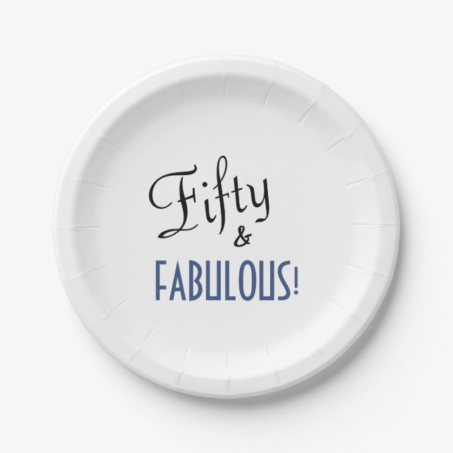 Assiettes En Carton Blue & White 50th Birthday Cinquante & FABULOUS! (Devant)