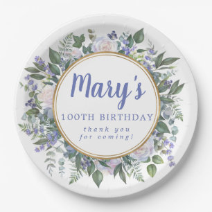 Assiettes En Carton Blue White Floral 100e fête d'anniversaire