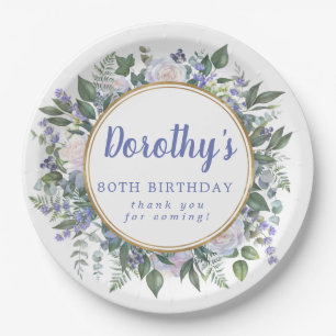 Assiettes En Carton Blue White Floral 80e fête d'anniversaire