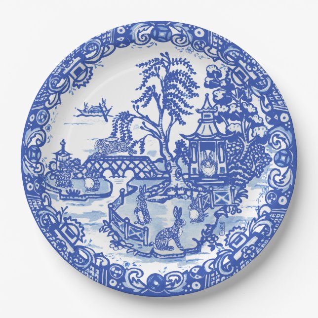 Assiettes En Carton Blue Willow Rabbit classique Whimsical asiatique (Devant)