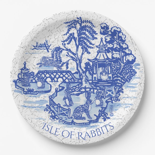 Assiettes En Carton Blue Willow Rabbit Island Whimsical Classic Art (Devant)