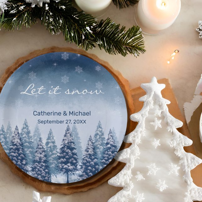 Assiettes En Carton Blue Winter Wonderland Pine Noël Mariage (Créateur téléchargé)