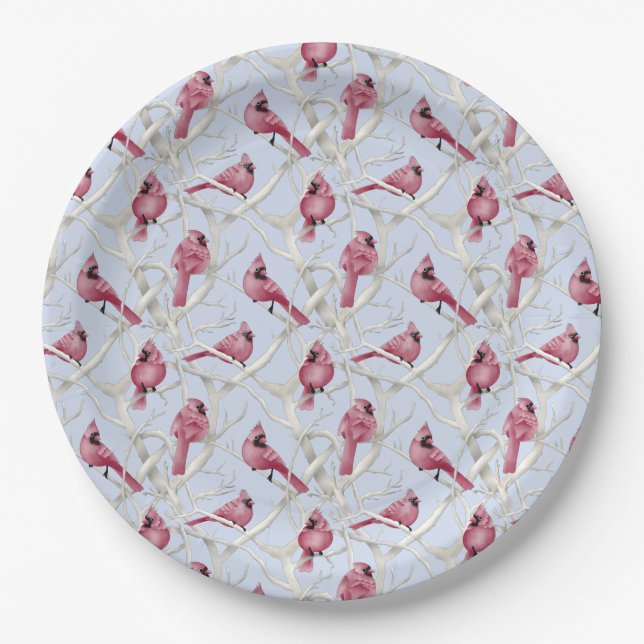 Assiettes En Carton Blue Winter Woodland Noël Cardinal Birds (Devant)