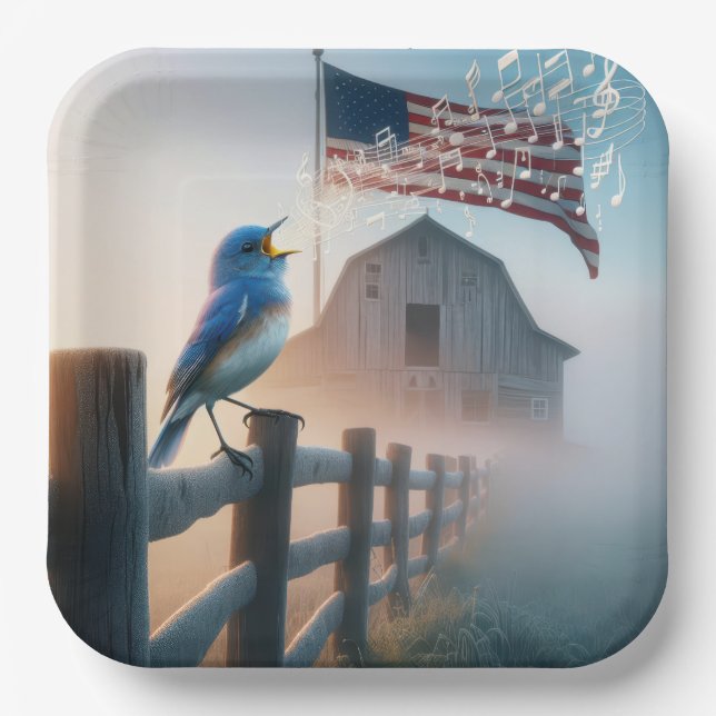 Assiettes En Carton Bluebird Chante Avec Drapeau Américain (Recto)