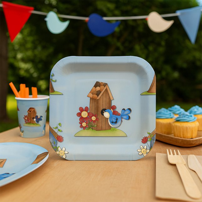 Assiettes En Carton Bluebird et Birdhouse mignonne printemps (Créateur téléchargé)