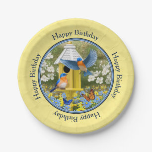 Assiettes En Carton Bluebirds et Rond Birhouse Jaune