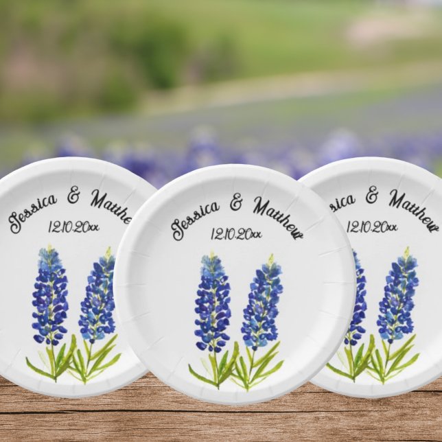 Assiettes En Carton Bluebonnets Bleu floral Boho Aquarelle Mariages (Créateur téléchargé)