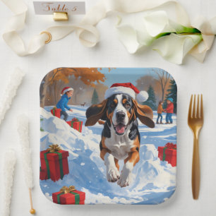 Assiettes En Carton Bluetick Coonhound courant dans la neige avec Noël