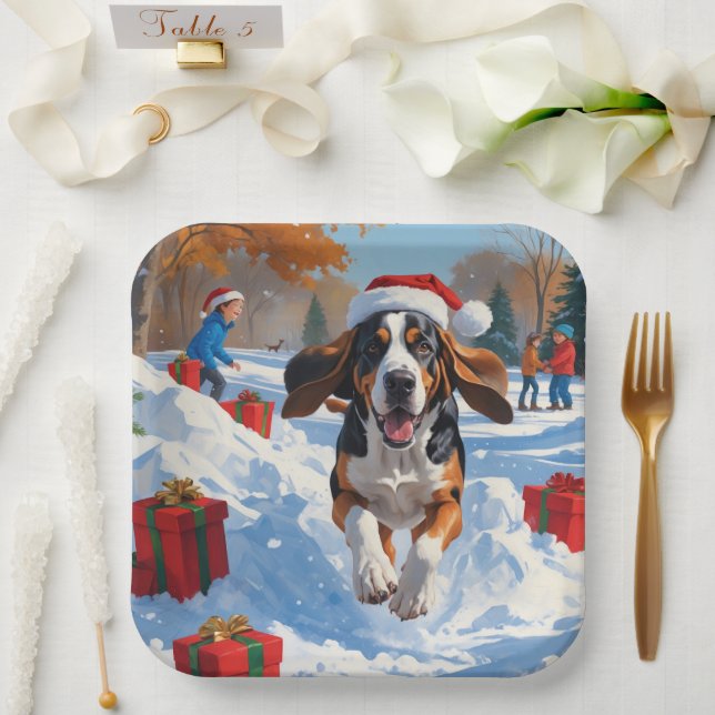 Assiettes En Carton Bluetick Coonhound Courir dans la neige avec Noël (Mariage)