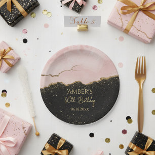 Assiettes En Carton Blush Champagne Or Paillettes Aquarelle Abstraite