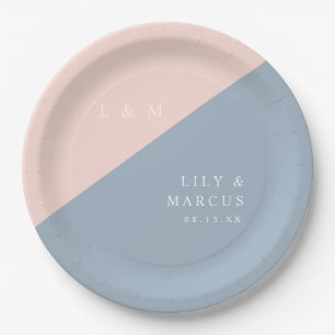Assiettes En Carton Blush Dusty Blue Moderne Élégant Mariage Monogramm