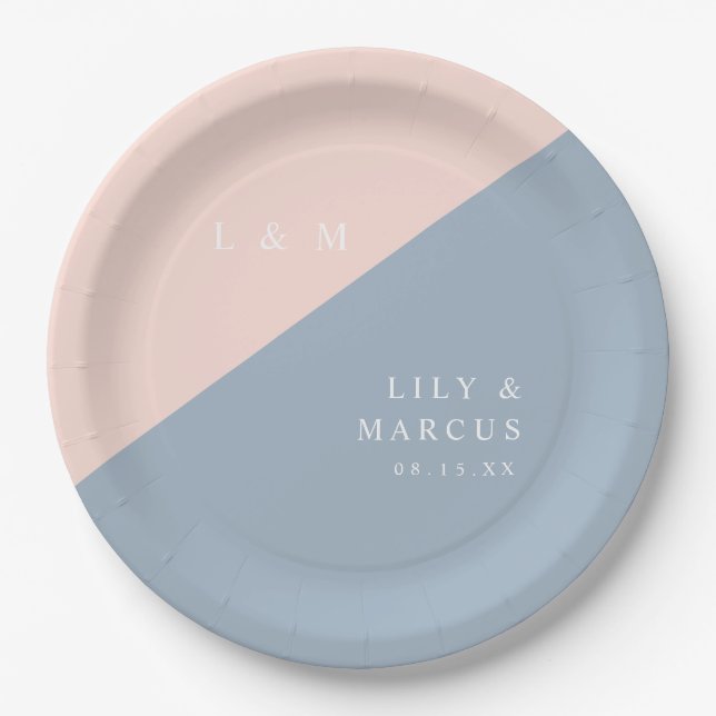 Assiettes En Carton Blush Dusty Blue Moderne Élégant Mariage Monogramm (Devant)