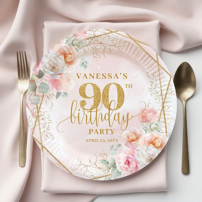 Assiettes En Carton Blush Floral Gold Glitter Elegant 90th Birthday   (Blush Floral Gold Glitter Elegant 90th Birthday Plates)