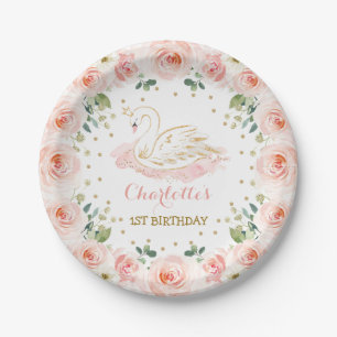 Assiettes En Carton Blush Floral Wreath Swan Princess Anniversaire