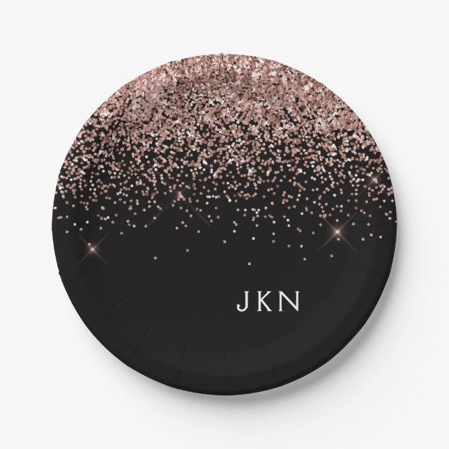 Assiettes En Carton Blush Rose Gold Monogramme Pailleté Rose Noir (Devant)