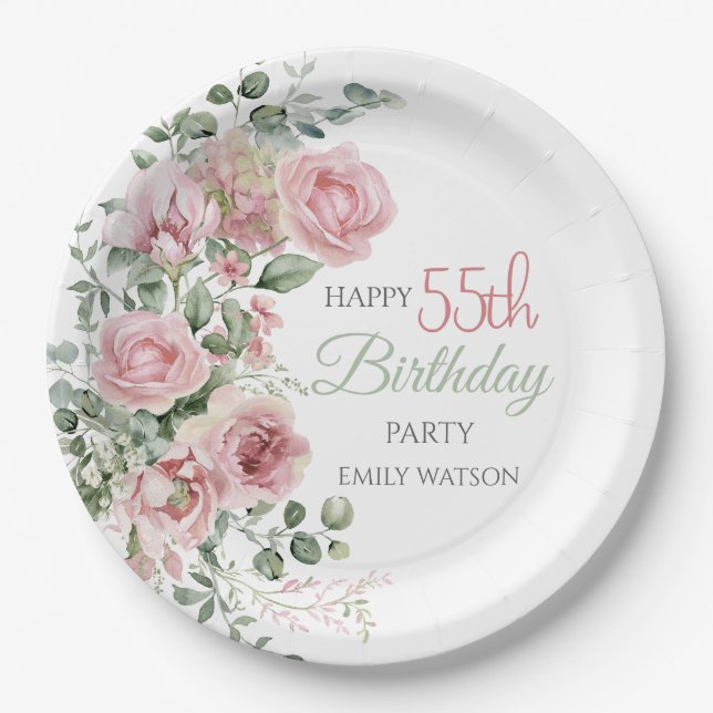 Assiettes En Carton Blush Rose Greenery Eucalypt 55th Birthday (Devant)