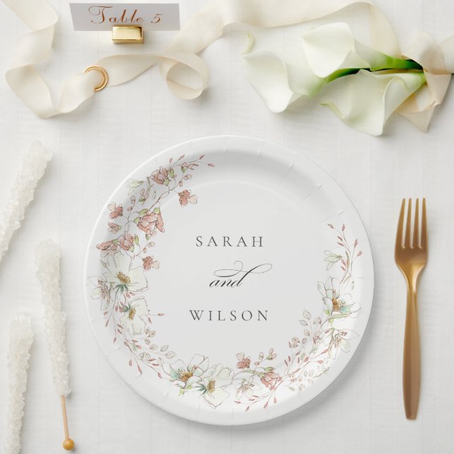 Assiettes En Carton Blush White Rustic Meadow Floral Wreath Mariage (Mariage)