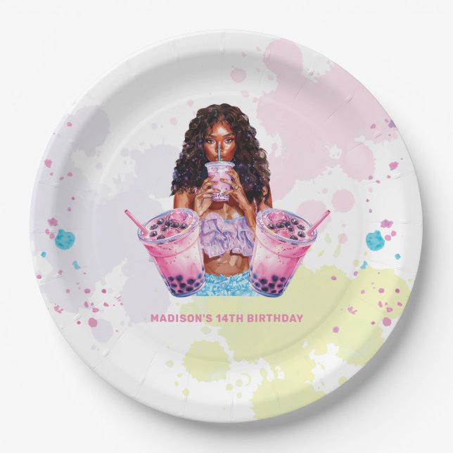 Assiettes En Carton Boba Bubble Tea Anniversaire Africain Américain (Devant)
