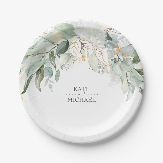 Assiettes En Carton Bohème Aquarelle Verdure et Feuilles d'or (Devant)