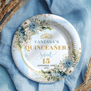 Assiettes En Carton Bohème bleu clair floral verdure paillettes dorées