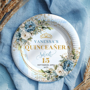 Assiettes En Carton Bohème Fleurs Bleu Poussiéreux Paillettes Dorées P