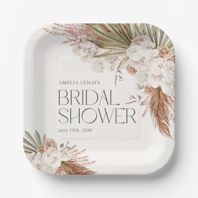 Assiettes En Carton Bohème Floral & Plumes Douche (Recto)