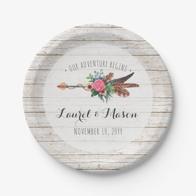 Assiettes En Carton Bohème Rustique Plumes Arrow Mariage Réception (Devant)
