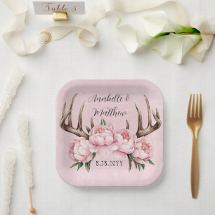 Assiettes En Carton Boho Antler avec Mariage Pink Peonies