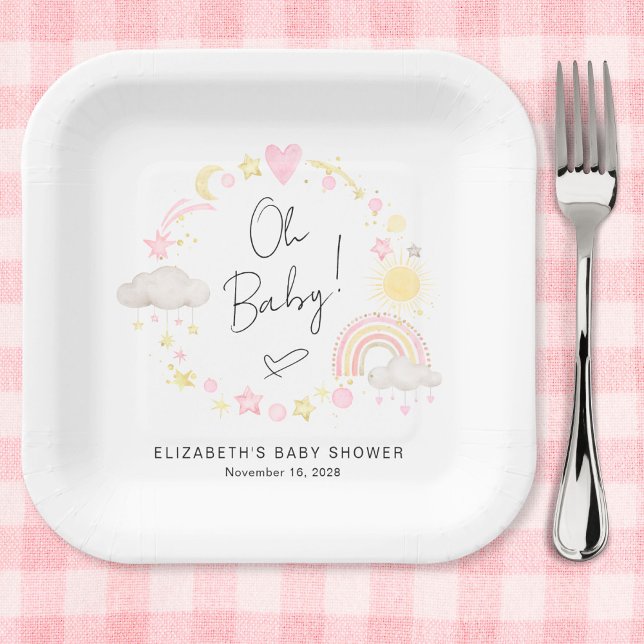 Assiettes En Carton Boho Arc-en-ciel Soleil Aquarelle Bébé Fille Douch (Créateur téléchargé)
