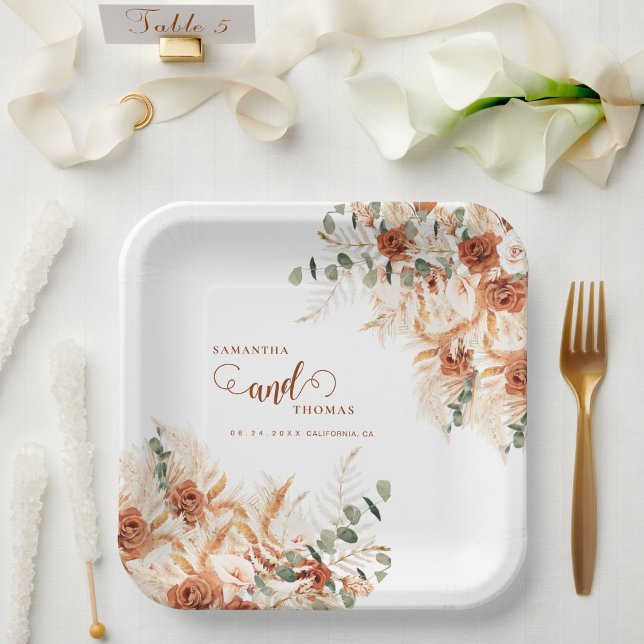 Assiettes En Carton Boho Audacieux Floral Pampas Mariage (Créateur téléchargé)
