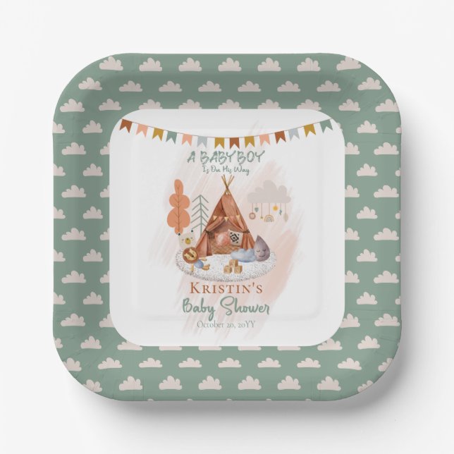 Assiettes En Carton Boho Baby Boy Teepee et jouets Baby shower Papier  (Recto)