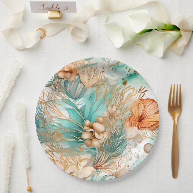 Assiettes En Carton Boho Beach Floral Blue Peach Mariage (Mariage)