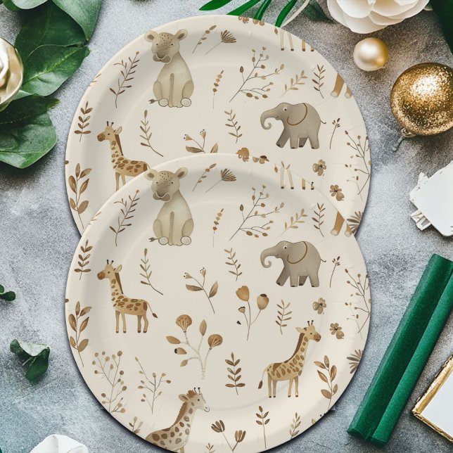 Assiettes En Carton Boho Blanc Beige Jungle Animaux (Créateur téléchargé)