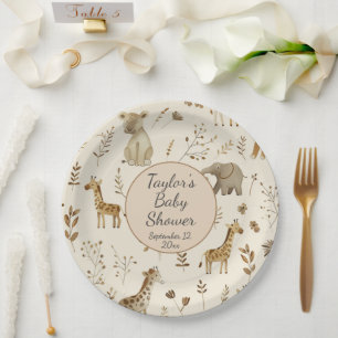 Assiettes En Carton Boho Blanc Beige Jungle Baby shower Animaux