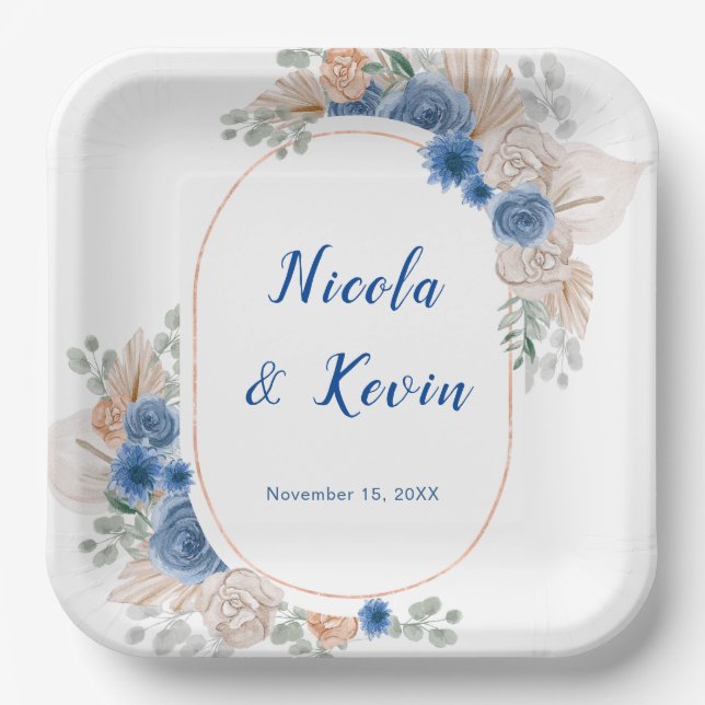 Assiettes En Carton Boho Blue Pampas Grass Wedding (Recto)