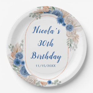 Assiettes En Carton Boho Blue Pampas Herbe Anniversaire