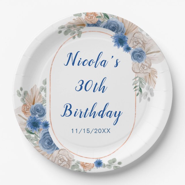 Assiettes En Carton Boho Blue Pampas Herbe Anniversaire (Devant)