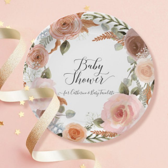 Assiettes En Carton BOHO Blush Floral Aquarelle Baby shower de couronn (Créateur téléchargé)