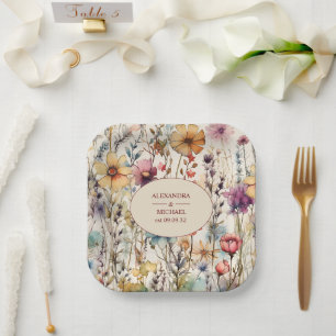 Assiettes En Carton Boho Botanique Aquarelle Fleur sauvage Mariage