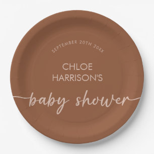 Assiettes En Carton Boho Brown Terracotta Baby shower Script beige