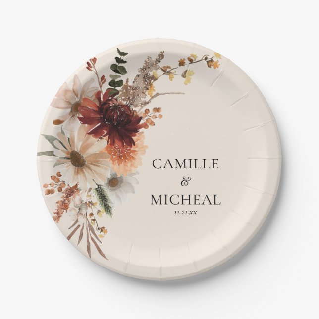 Assiettes En Carton Boho Burgundy Floral Mariage (Devant)