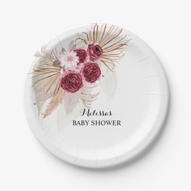 Assiettes En Carton Boho Burgundy Pampas Grass dessert personnalisé (Devant)